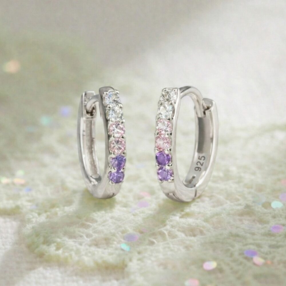Sparkling Pink & Purple CZ Hoops Earrings
