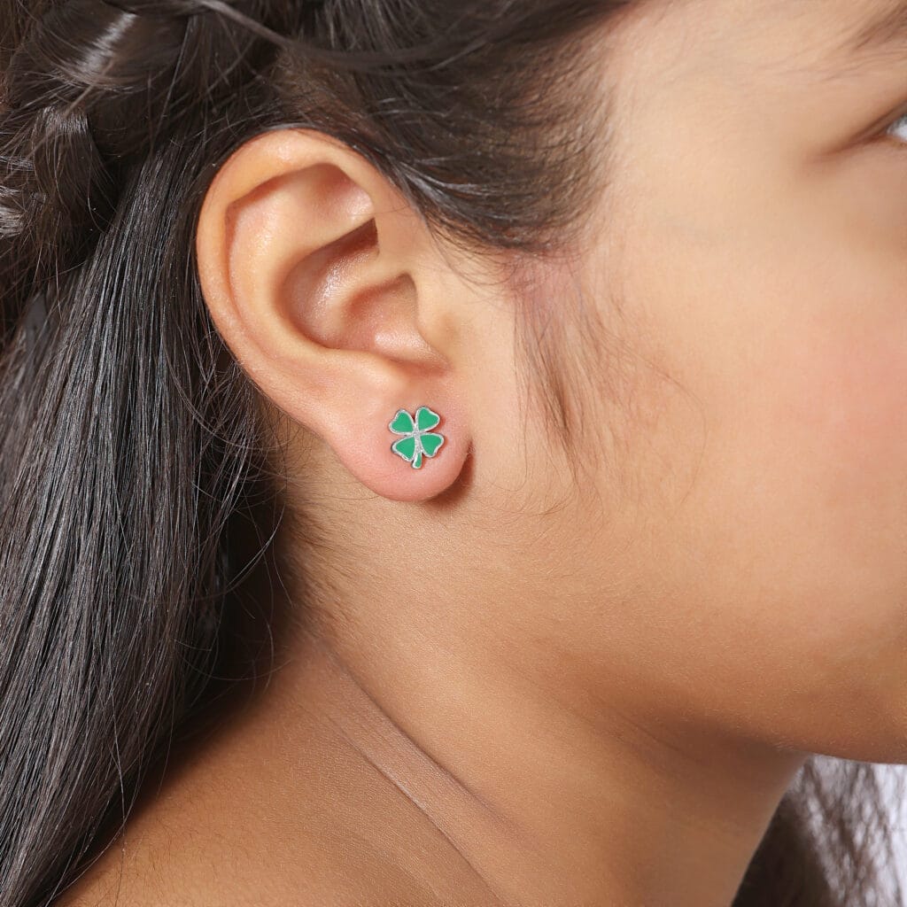 Aquamarine Heart-Petal Flower Kids Earrings - Image 3