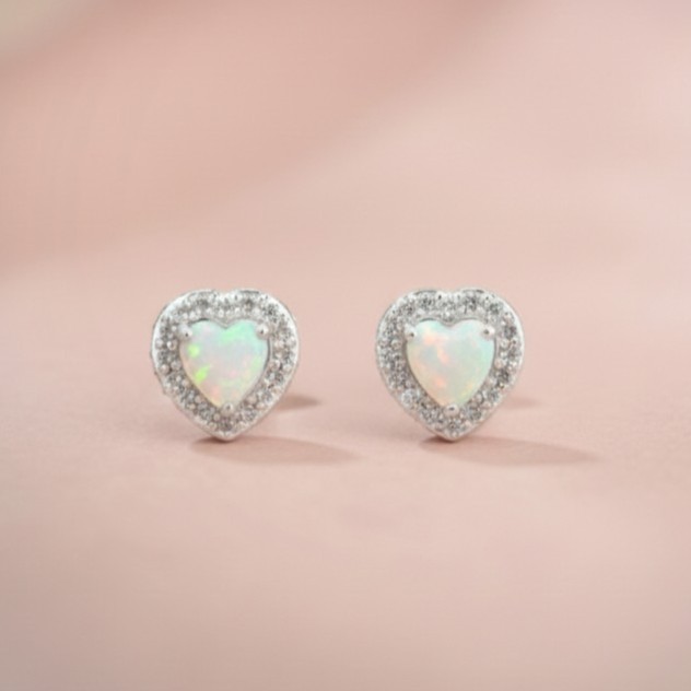 Opal CZ Heart Girl's Earrings