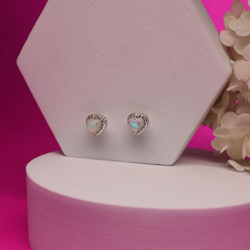 Opal CZ Heart Girl's Earrings