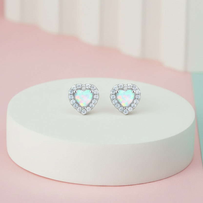 Opal CZ Heart Girl's Earrings