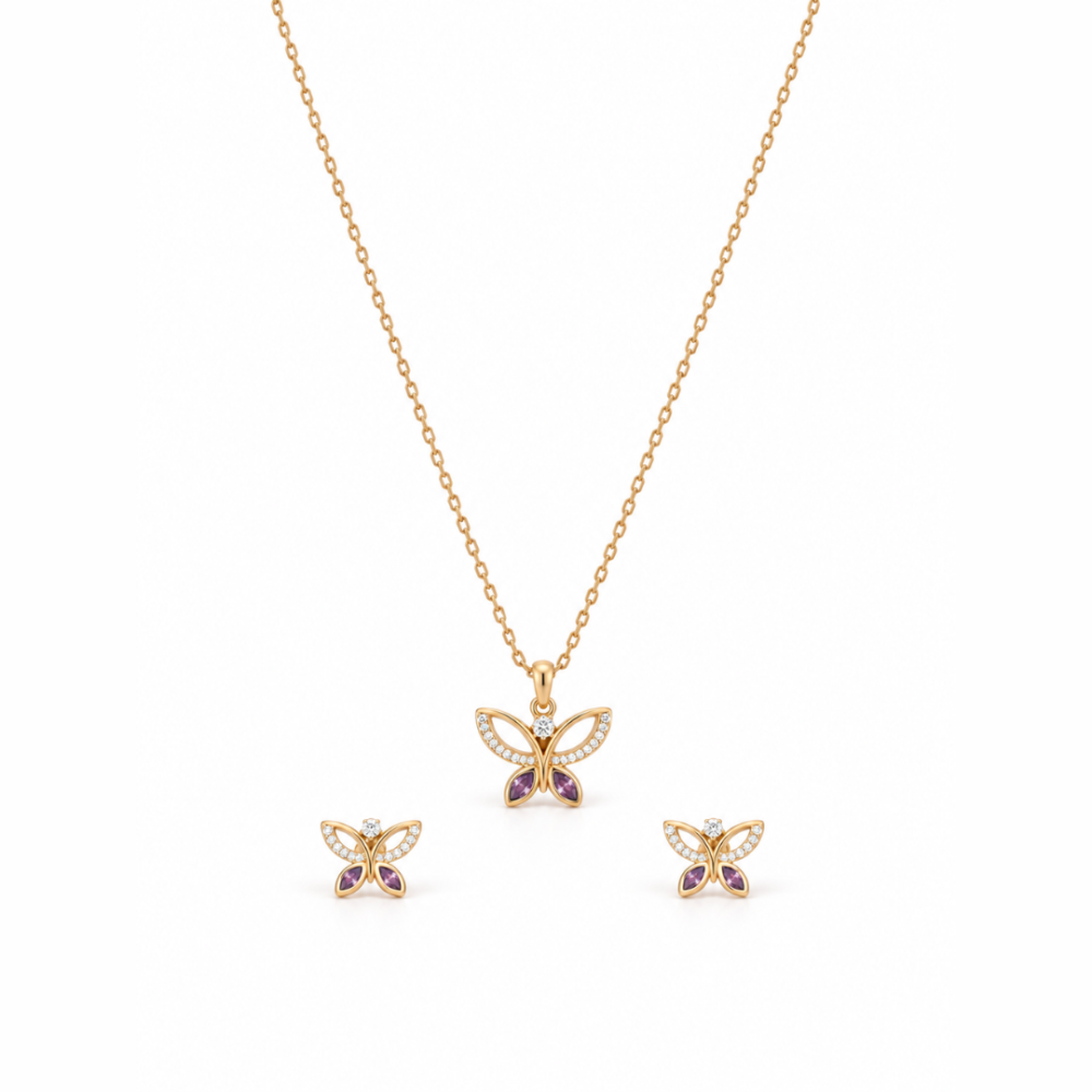 Whimsical Butterfly Screw Back Earring,Pendant,Link Chain 16"