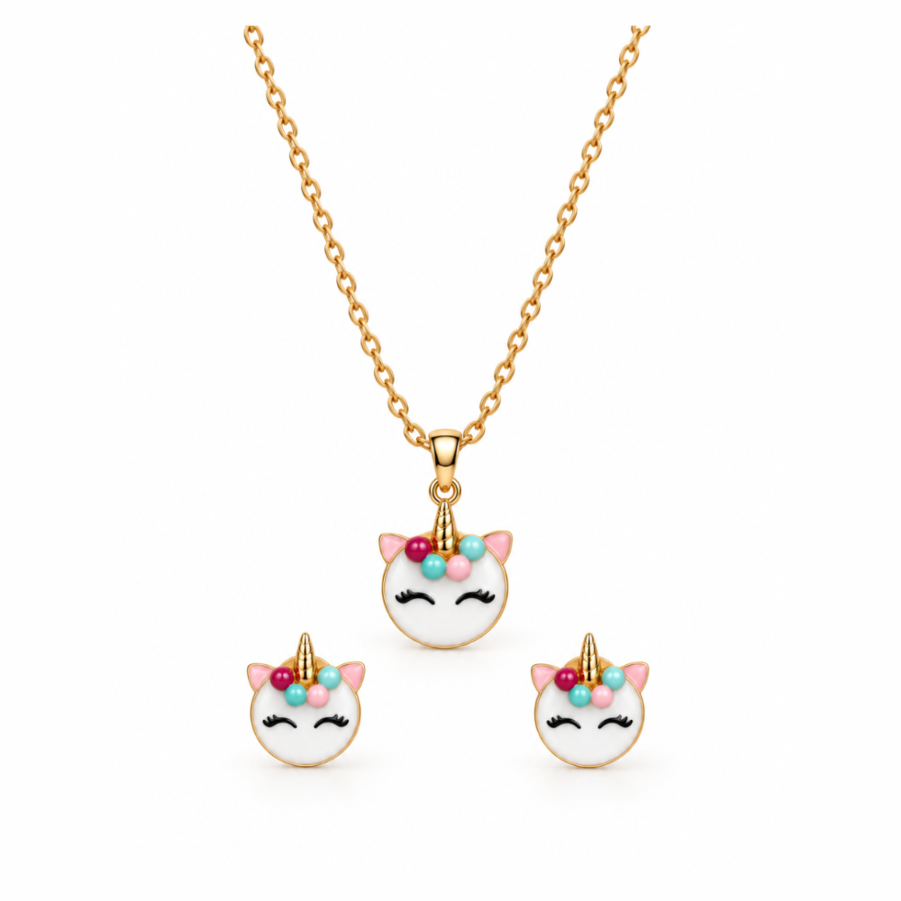 Unicorn Face Screw Back Earring,Pendant,Link Chain 16"