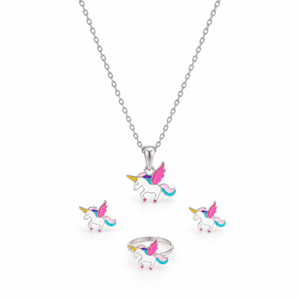 Flying Unicorn Screw Back Earring,Ring,Pendant,Link Chain 16"