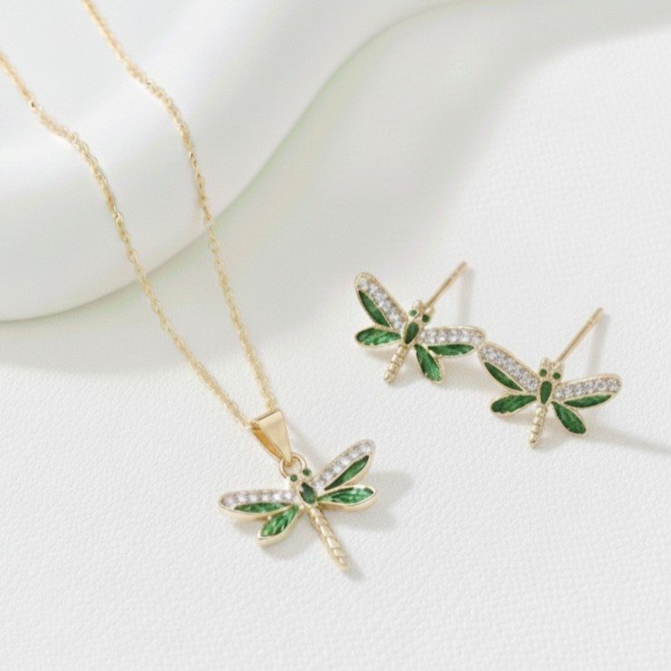 Dragonfly Sparkle Screw Back Earring,Pendant,Link Chain 16" - Image 2