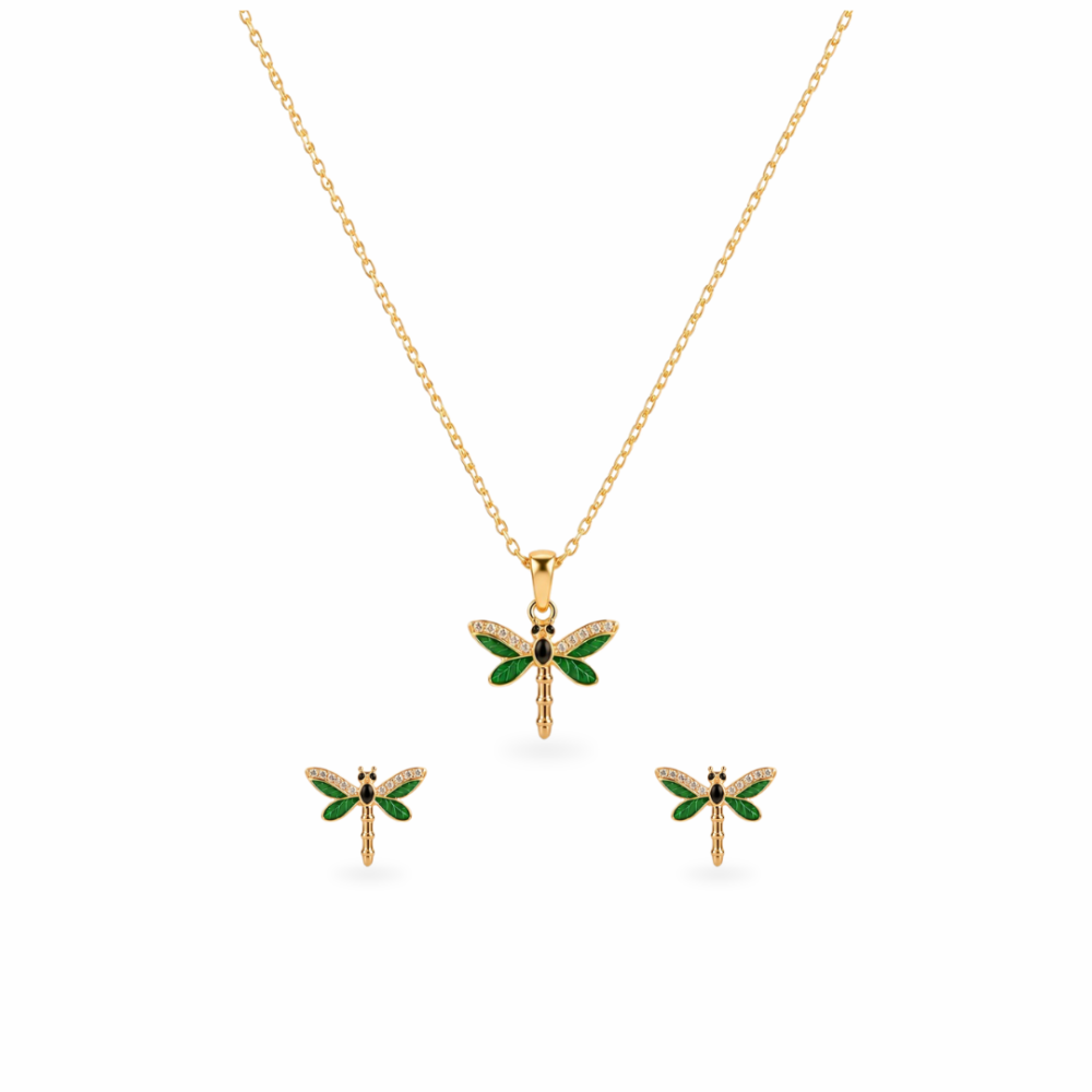 Dragonfly Sparkle Screw Back Earring,Pendant,Link Chain 16"