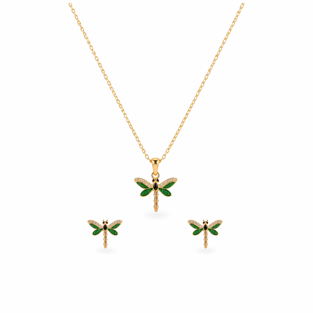 Dragonfly Sparkle Screw Back Earring,Pendant,Link Chain 16"
