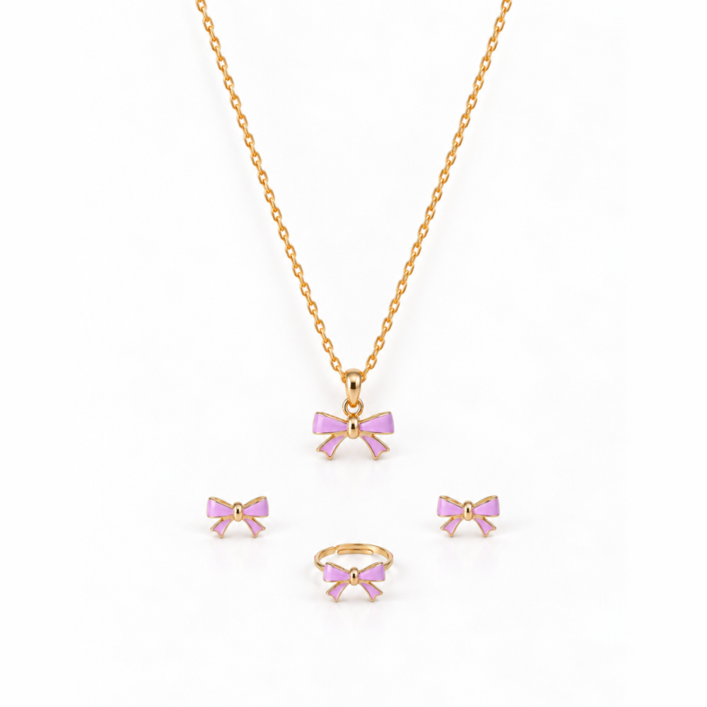Enchanted Lilac Bow Screw Back Earring,Ring,Pendant,Link Chain 16"