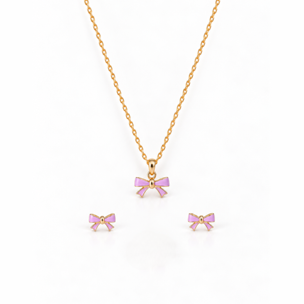 Little Princess Lilac Bow Screw Back Earring,Pendant,Link Chain 16"