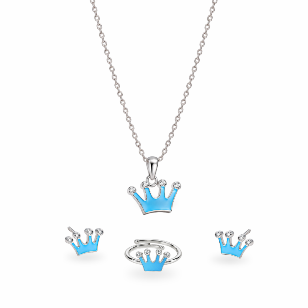 Blue Princess Crown Screw Back Earring,Ring,Pendant,Link Chain 16"