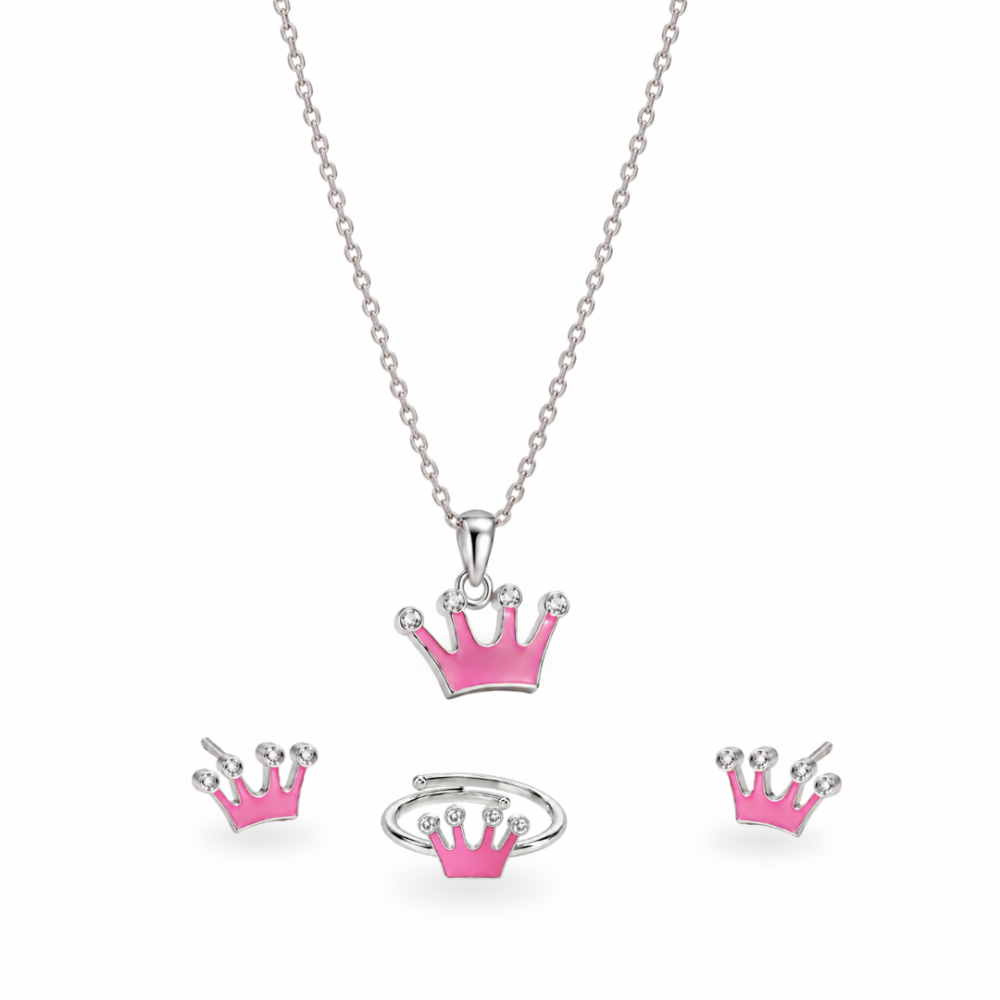 Pink Princess Crown Screw Back Earring,Ring,Pendant,Link Chain 16"
