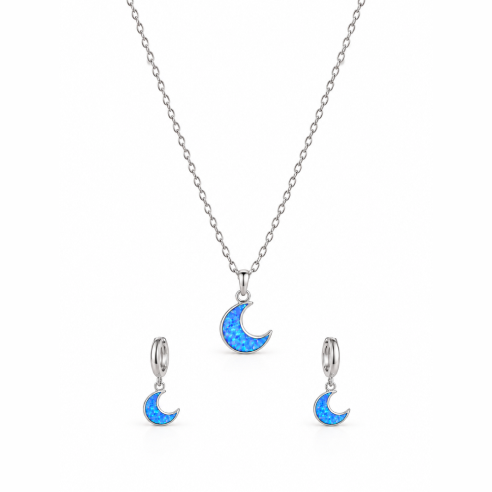 Sparkling Moon Screw Back Earring,Pendant,Link Chain 16"