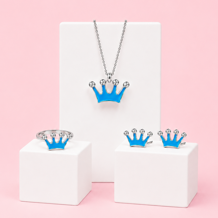Blue Princess Crown Kids ( With Ring) Jewellery Set