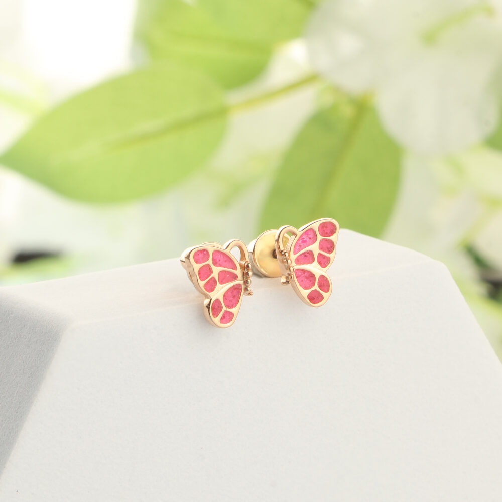 Pink Butterfly Pure Silver Earrings-Gold Plated