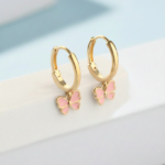 Pink Butterfly Pure Silver Hoop Earrings - Gold Plated