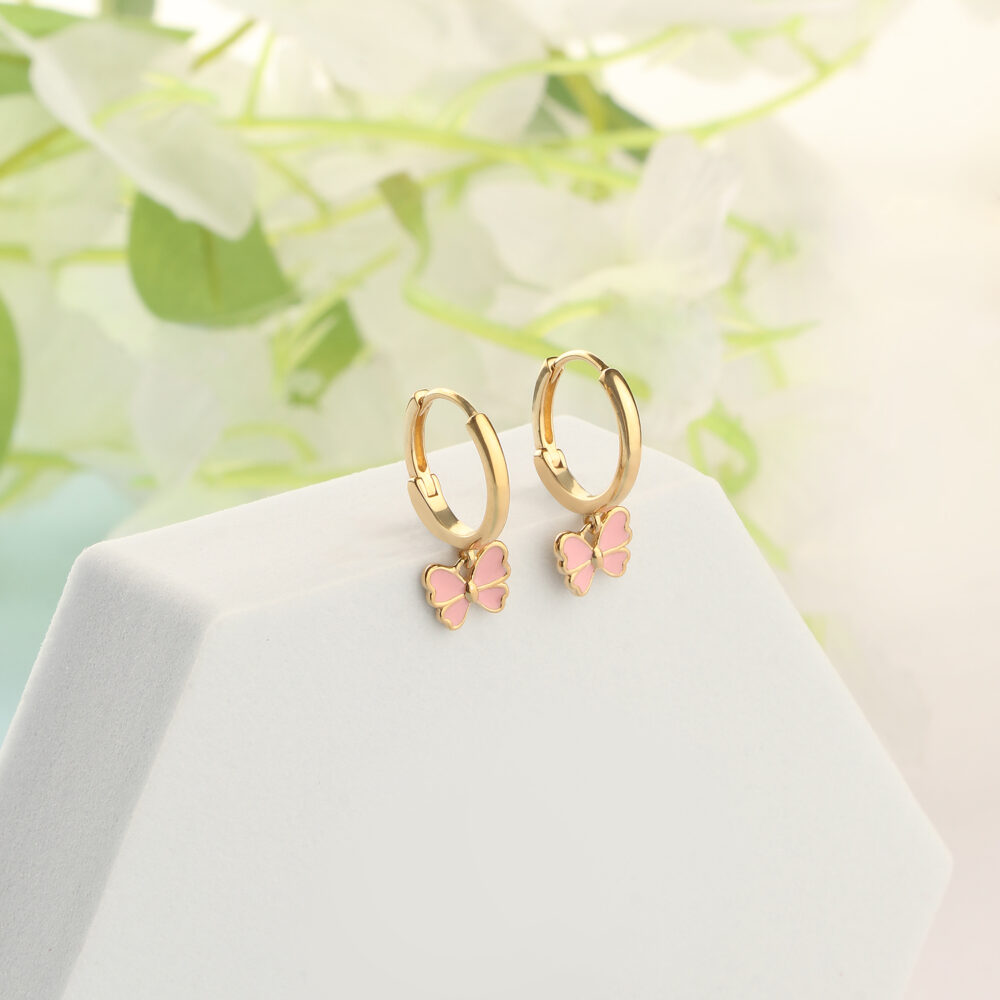Pink Butterfly Pure Silver Hoop Earrings - Gold Plated