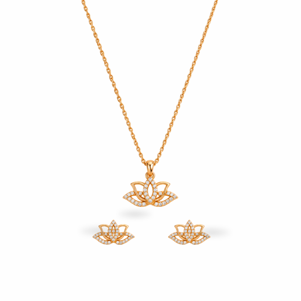 Girls CZ Lotus Flower Screw Back Earring,Pendant,Link Chain 16"