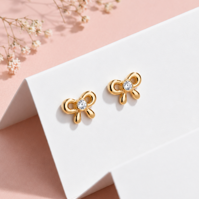 Girls Dainty Bow Stud Earrings - Gold Plated