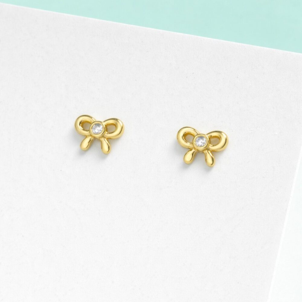 Girls Dainty Bow Stud Earrings - Gold Plated