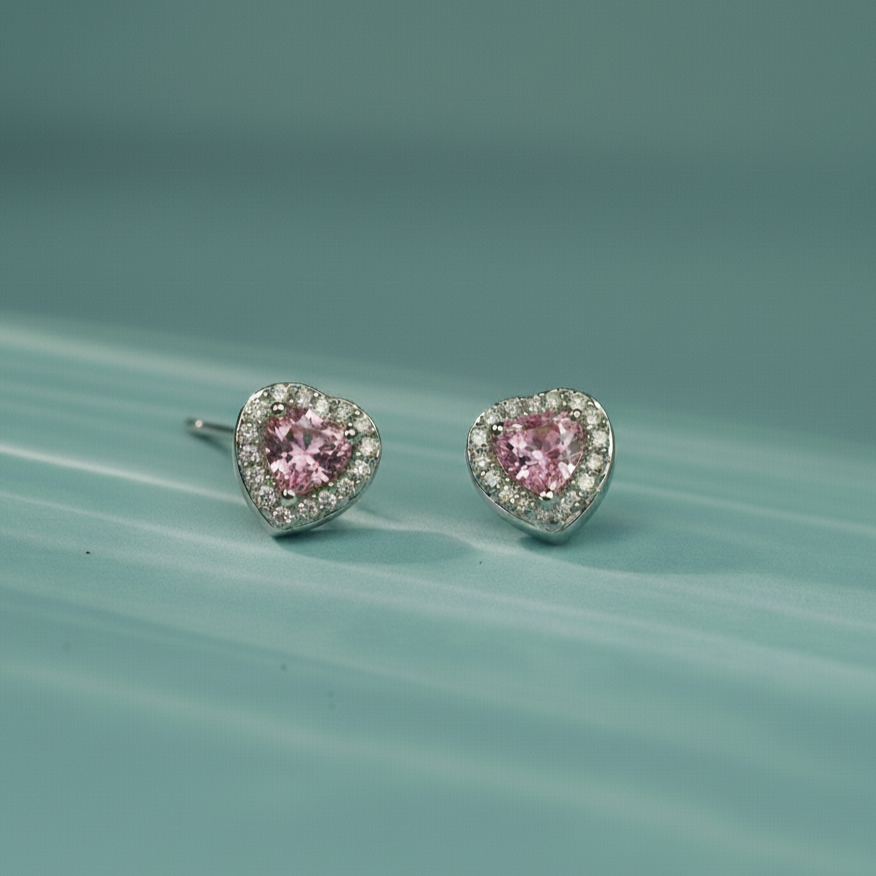 Princess Heart CZ Pink Stud Earrings