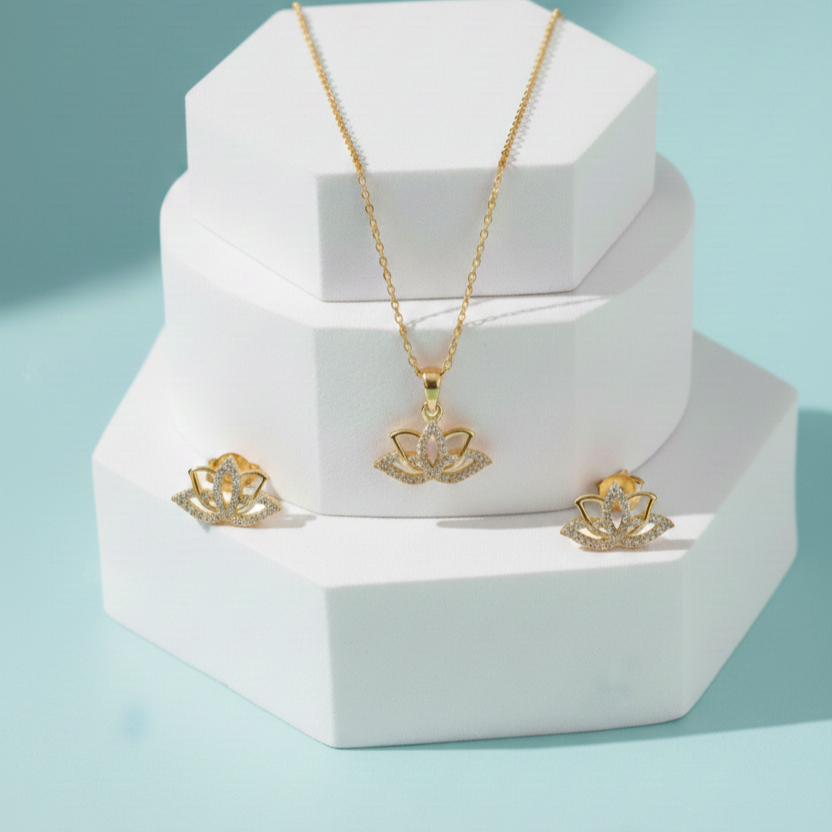 Girls CZ Lotus Flower Jewelry Set