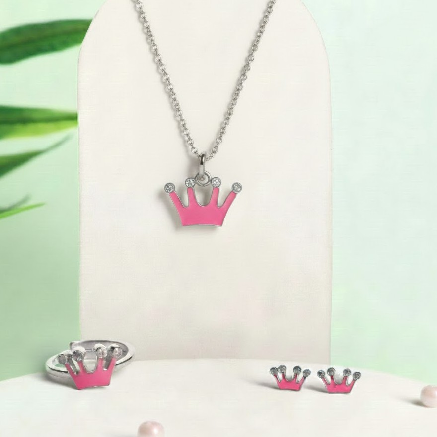 Pink Princess Crown Kids (With Ring) Jewellery Set