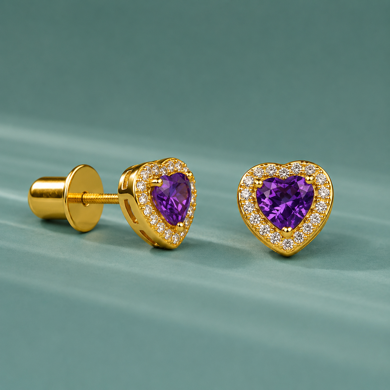 Princess Heart CZ Purple Stud Earrings - Image 6