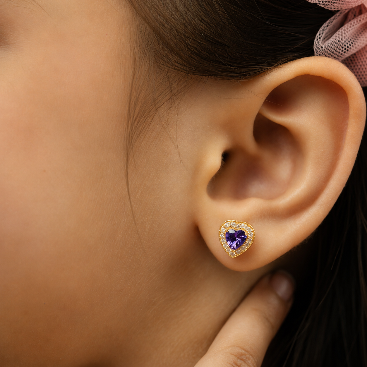 Princess Heart CZ Purple Stud Earrings - Image 7