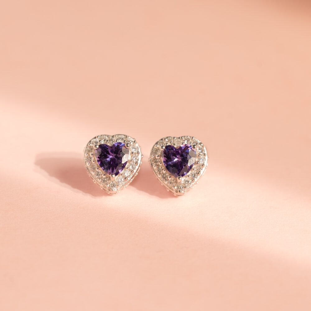 Princess Heart CZ Purple Stud Earrings