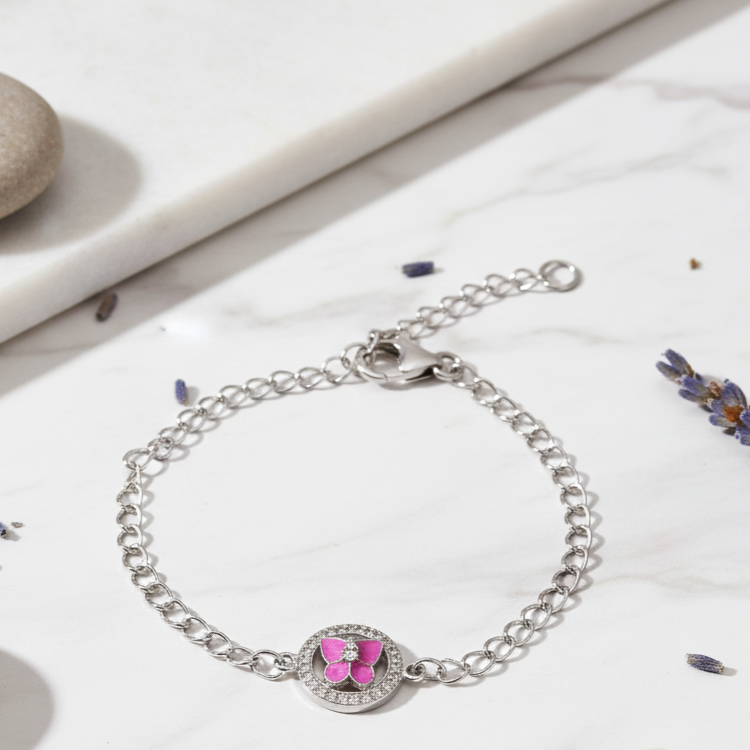 Butterfly in jewelled ring Bracelet- Pink