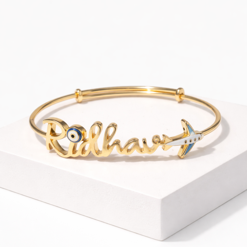 Customized Name Bangle Evil Eye & Areoplane