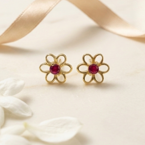 Ruby Bloom Flower Stud Earrings
