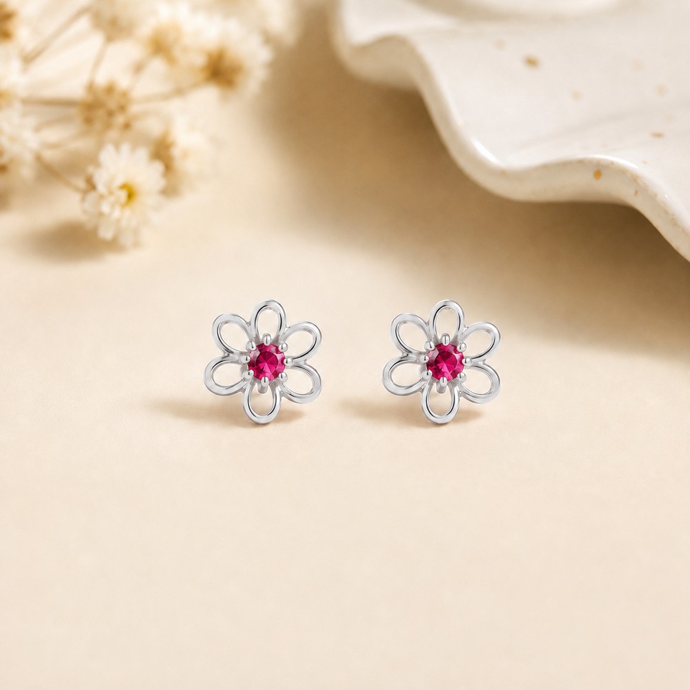 Ruby Studded Daisy Earrings - Silver Plated