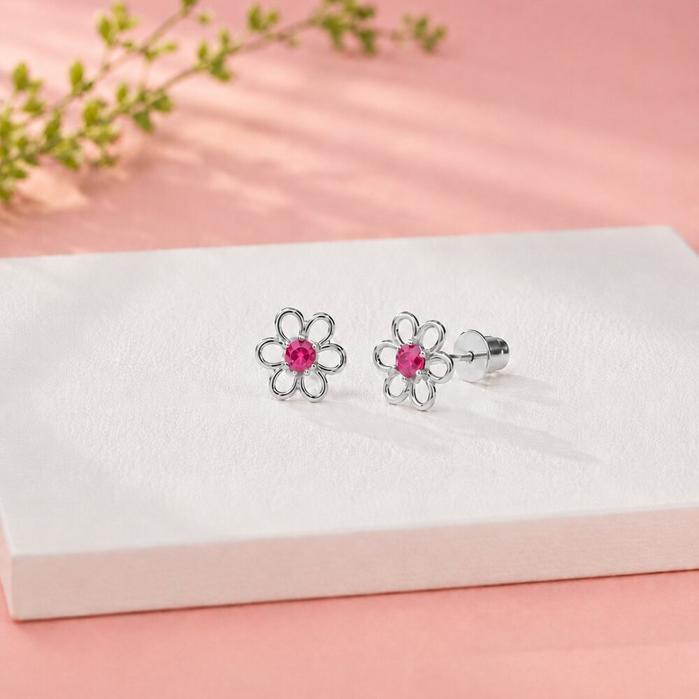 Ruby Studded Daisy Earrings - Silver Plated - Image 2