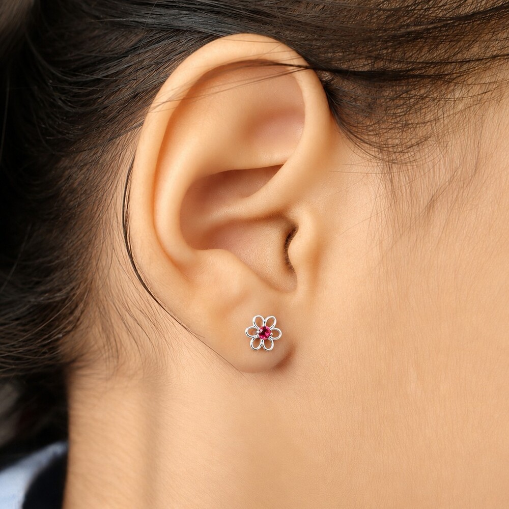 Ruby Studded Daisy Earrings - Silver Plated - Image 3