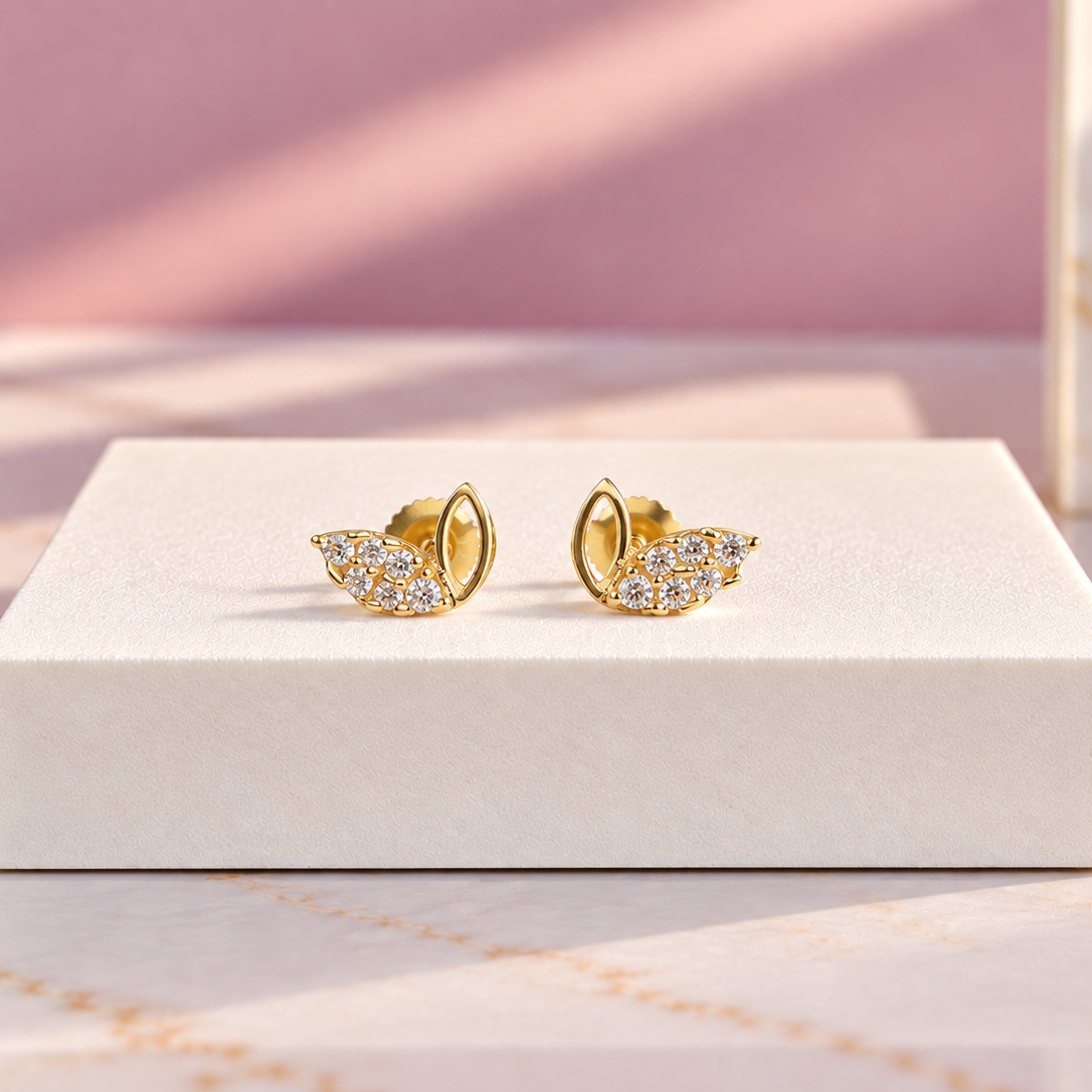 Golden Leaf CZ Stud Earrings